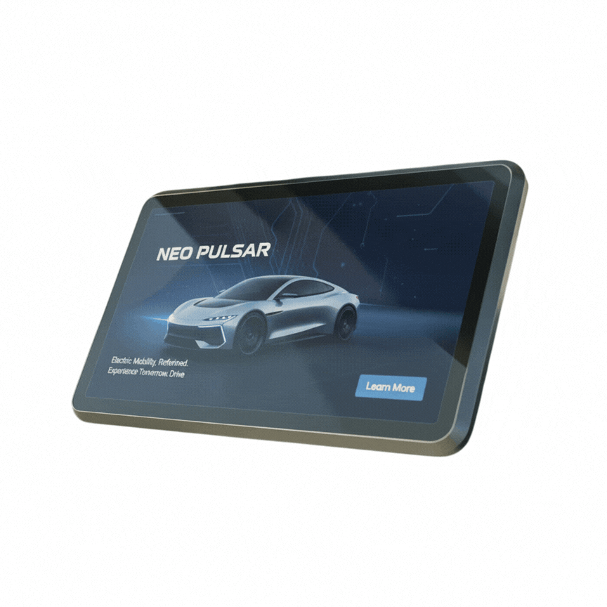 Digital advertising screen inside a cab displaying high-engagement brand content